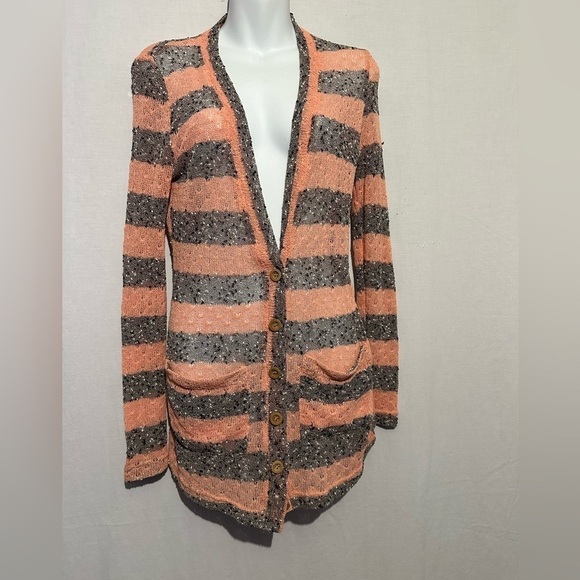 Cecico Sweaters - Cecico Peach Gray Striped Cardigan Sweater Size Small Cozy Knit